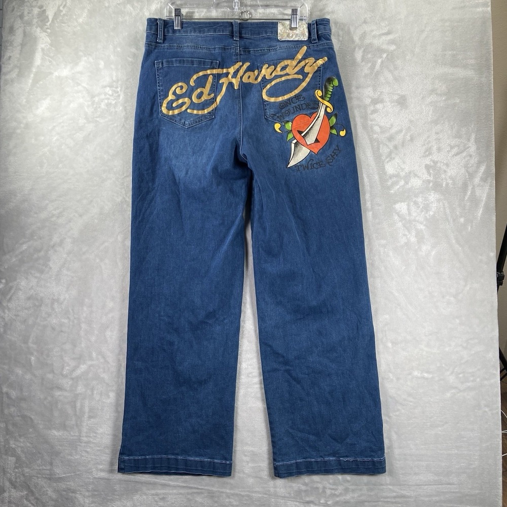 Ed Hardy Jeans mens 34x31 Baggy Fit Loose Relaxed Wide Leg Skater Blue Denim Y2K